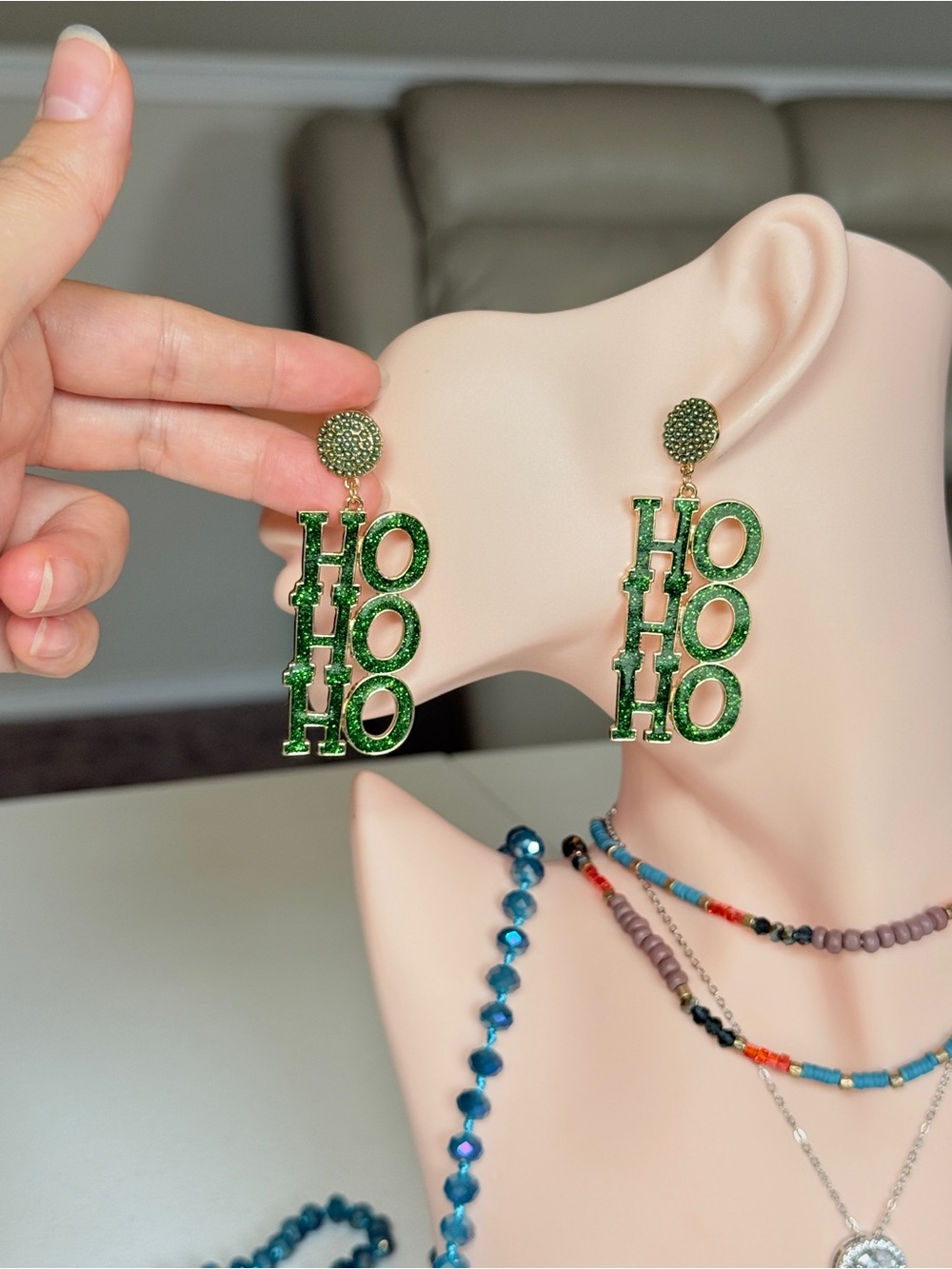 Holiday "HO HO HO" Green Drop Earrings - Picture 6 of 9